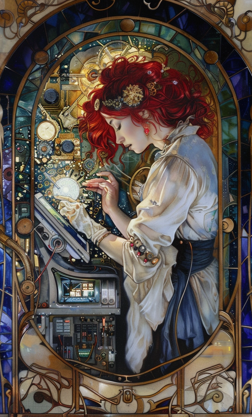 stuffing AI into an old Computer Case - in the Style of an Alfonse Mucha Art Deco Oil Painting