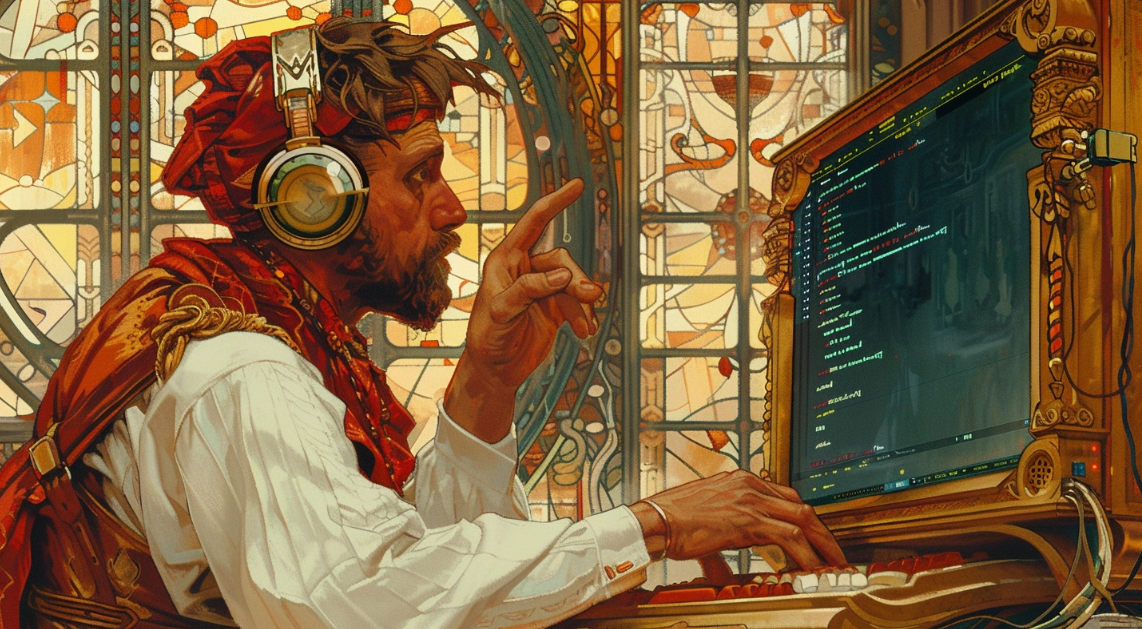 frustrated computer technician looking at A Screen in a art deco painting by mucha transformed into manga